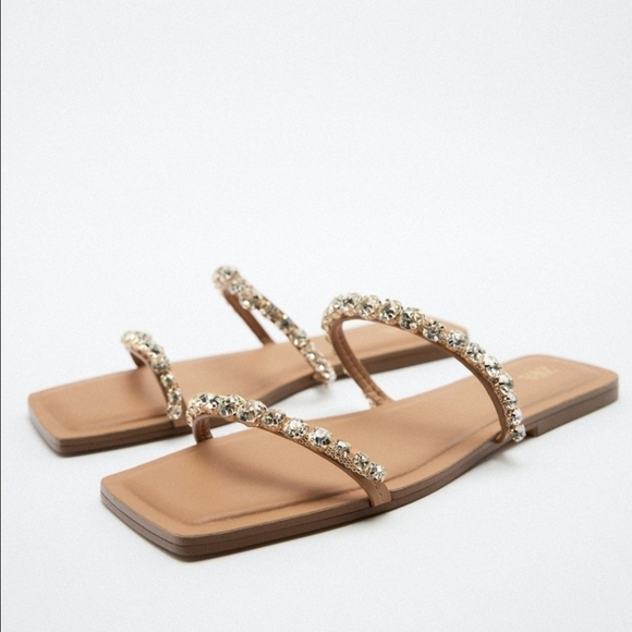 Zara Rhinestone Embellished Tan Sandals Summer Shoes - Picture 2 of 8